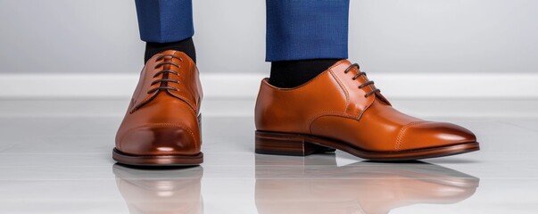 Prom night style fashion concept. A stylish pair of brown leather shoes worn with a blue suit, showcasing elegance and sophistication in a modern setting.