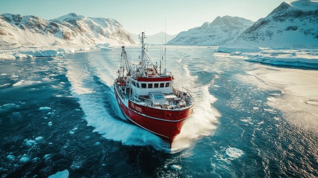 Arctic fishing trawler speeds through icy fjord