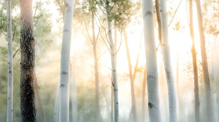 Obraz premium Soft sunlight filters through a birch forest, creating a dreamy, ethereal ambiance.