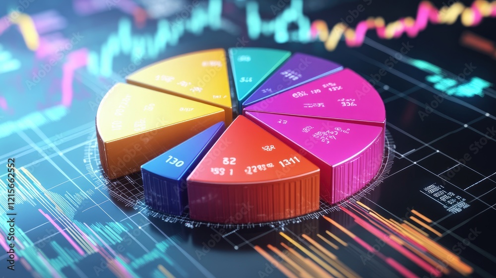 Poster a segmented d pie chart with colorful pieces, each labeled with financial data, set on a digital pla