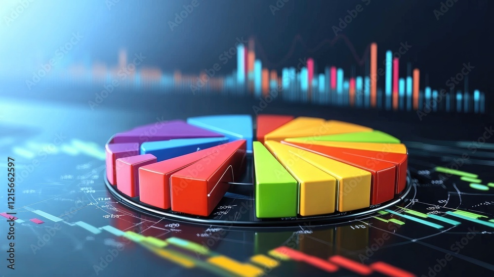 Poster a segmented d pie chart with colorful pieces, each labeled with financial data, set on a digital pla