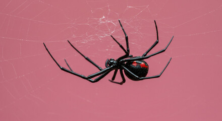 A black widow spider is repairing its nest while waiting for prey