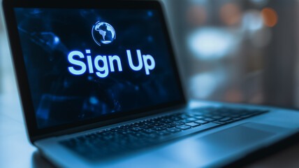 Laptop Sign Up Screen: A close-up shot of a laptop screen displaying a prominent "Sign Up" call to action, inviting users to join a platform or service.
