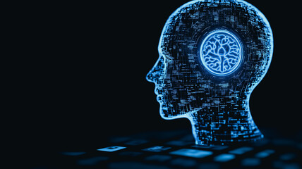 Obraz premium Digital Mind: A mesmerizing digital rendering of a human head, composed of glowing blue data streams, with a central illuminated brain motif. The image symbolizes artificial intelligence.