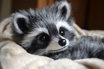 Adorable baby raccoon resting on a soft beige blanket.