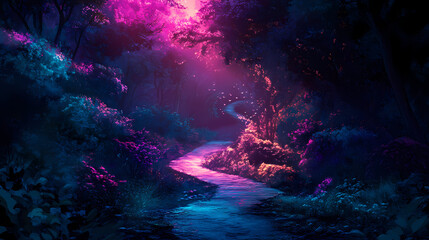 The road ahead, a luminous path leading towards an unknown destination, bathed in a neon glow. Luminous Path. Illustration