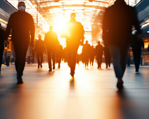 Commuters walking in futuristic metro station during sunset, wearing masks. warm light creates vibrant atmosphere