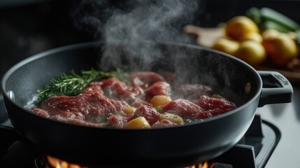 A sizzling hot pan on a stove, filled with vibrant vegetables and juicy meat, steam rising to create an inviting aroma, perfect for showcasing delicious home-cooked meals.