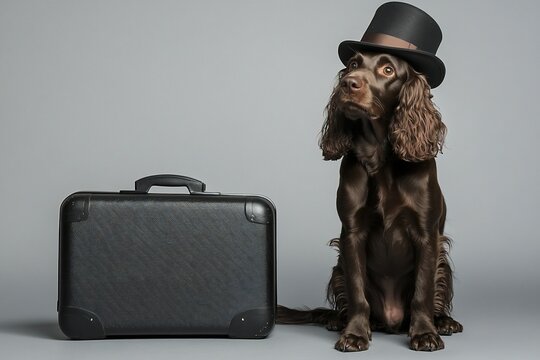 A brown dog wearing a top hat sits beside a suitcase against a grey background.
