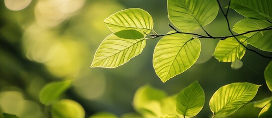 Sunlit green leaves on a branch, nature background.