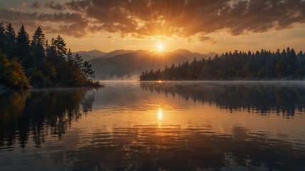 Fototapeta premium Serene Autumn Landscape with a Reflective Lake Surrounded by Trees at Sunset
