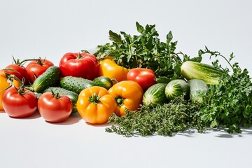 Fresh, ripe tomatoes, cucumbers, bell peppers, and herbs on white background.