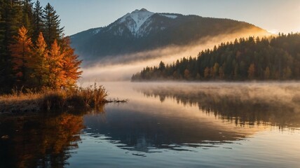 Serene Autumn Landscape with Trees by the Water at Sunset