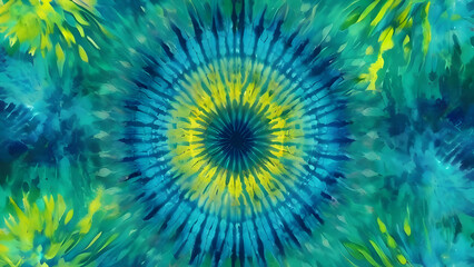 Colorful tie-dye texture blending bright blue, green, and yellow hues in a swirling, abstract design with a dreamy blur.