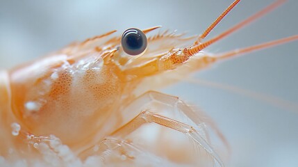 Close-up of a cooked shrimp, showcasing its detailed texture and eye.