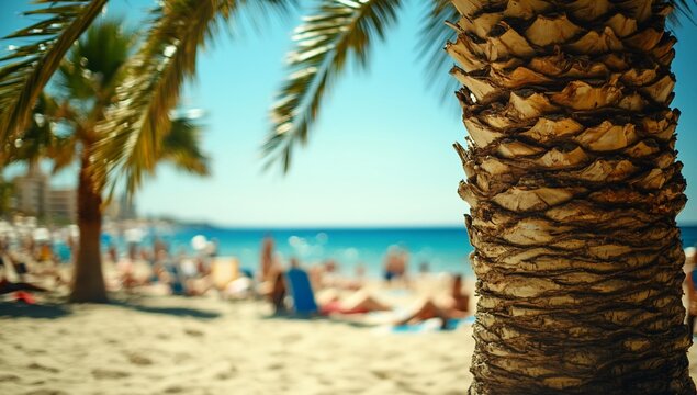 Close-up palm tree trunk; blurred beach background with people sunbathing, ocean, and blue sky.