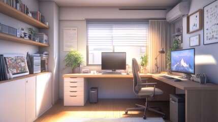 Fototapeta premium A stylish home office space with a simple desk, ergonomic chair, and minimalistic dcor, designed to promote productivity and focus without distractions.