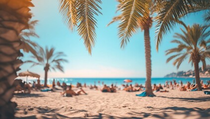 Sunny beach scene with palm trees and people relaxing.