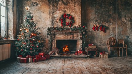Rustic Christmas Fireplace and Tree