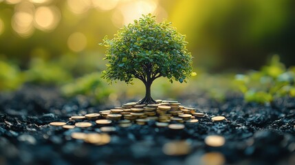 A thriving sapling sprouts from a mound of gold coins, representing growth, investment, and financial prosperity. The scene is bathed in warm sunlight, conveying hope, success, and wealth creation.