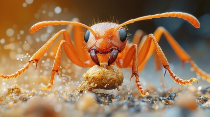 A Vivid Orange Ant Carrying a Crumb: A Macro Photograph of an Insect in its Natural Habitat
