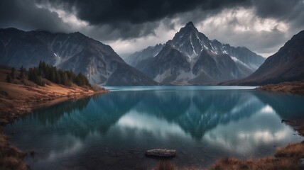 Majestic Mountain Reflection in Serene Lake Against Dramatic Sky