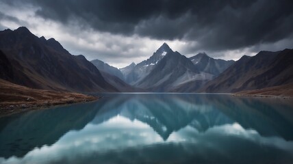 Obraz premium Majestic Mountain Lake Reflection Amid Stormy Clouds in Serene Wilderness Landscape