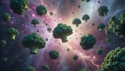 Floating Green Broccoli Against a Cosmic Starry Background. generated ai
