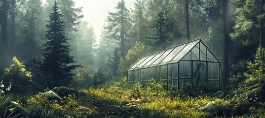 Glass greenhouse in misty forest.