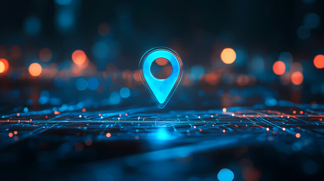 A luminous blue digital map pin floats above a sleek background, hinting at navigation and location in a modern. Luminous Path. Illustration