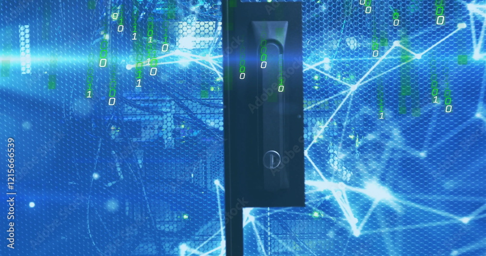 Poster binary code and network connections image over blue digital background