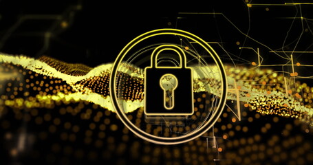 Lock symbol image over digital landscape with golden particles