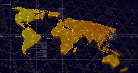 World map with network connections image over dark geometric background