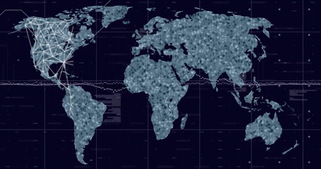 Global network connections and data processing image over world map
