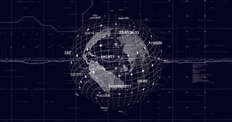 Digital globe with data points and coding image over dark background