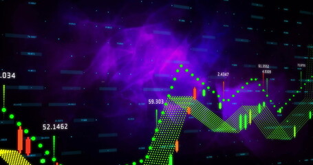 Obraz premium Stock market data and financial chart image over purple abstract background