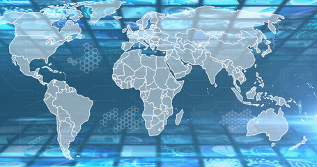 World map with hexagonal patterns and data processing image over blue background