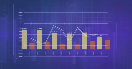 Bar and line graphs with numerical data over blue digital image background