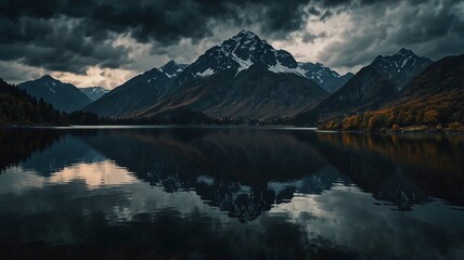 Fototapeta premium Dramatic Photograph of Majestic Mountain and Tranquil Lake: Serene Reflection Under Stormy Skies