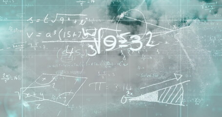 Mathematical equations and scientific formulas image over abstract background