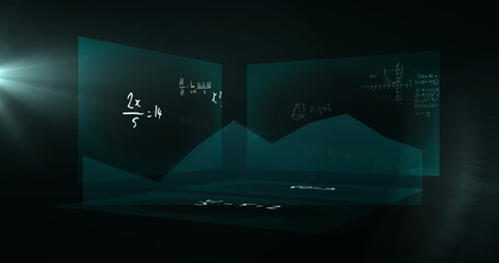 Mathematical equations and formulas image over dark geometric background