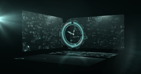 Clock and mathematical formulas image over dark background