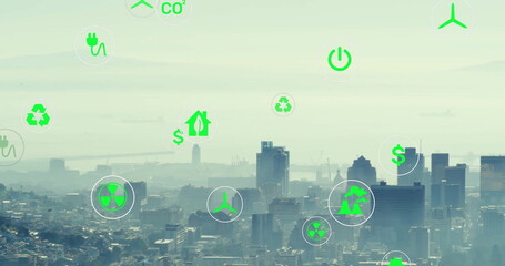 Image of network of eco icons over cityscape