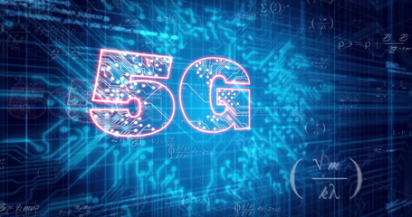 Image of 5g text and digital data processing over circuit board