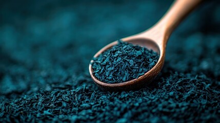 Blue algae spoon, dark background, food, supplement