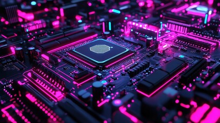 Obraz premium A G chip resting on a futuristic motherboard with neon lights.