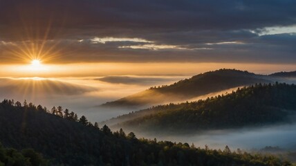 Fototapeta premium Serene Landscape Photograph of a Foggy Morning in a Mountain Valley