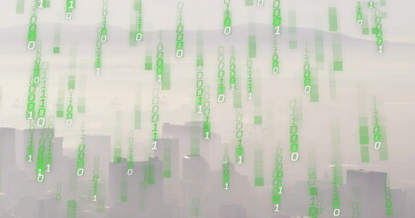 Image of binary coding and digital data processing over cityscape