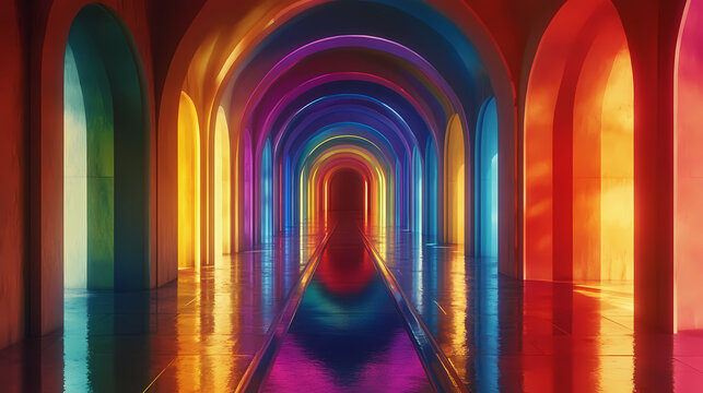 Abstract view of a colorful tunnel with dynamic light patterns swirling around a path. Luminous Path. Illustration