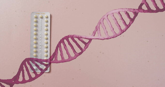 Image of dna strand and sequential pills on pink background - Powered by Adobe